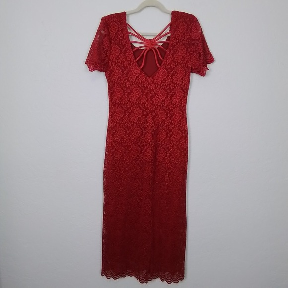 Vintage 1990s Helene Blake Red Lace Maxi Dress Size 10 Lattice Back Made in USA - Picture 1 of 14